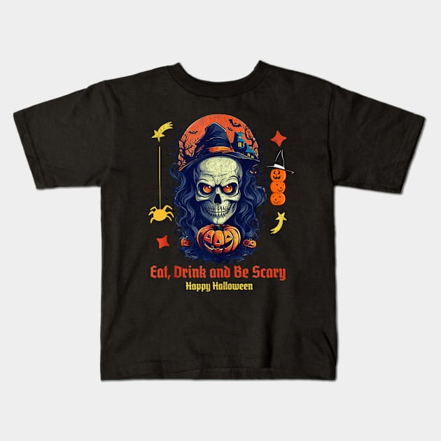 Eat Drink & Be Scary Cool Halloween Skeleton Graphic Design Kids T-Shirt by Mega-st